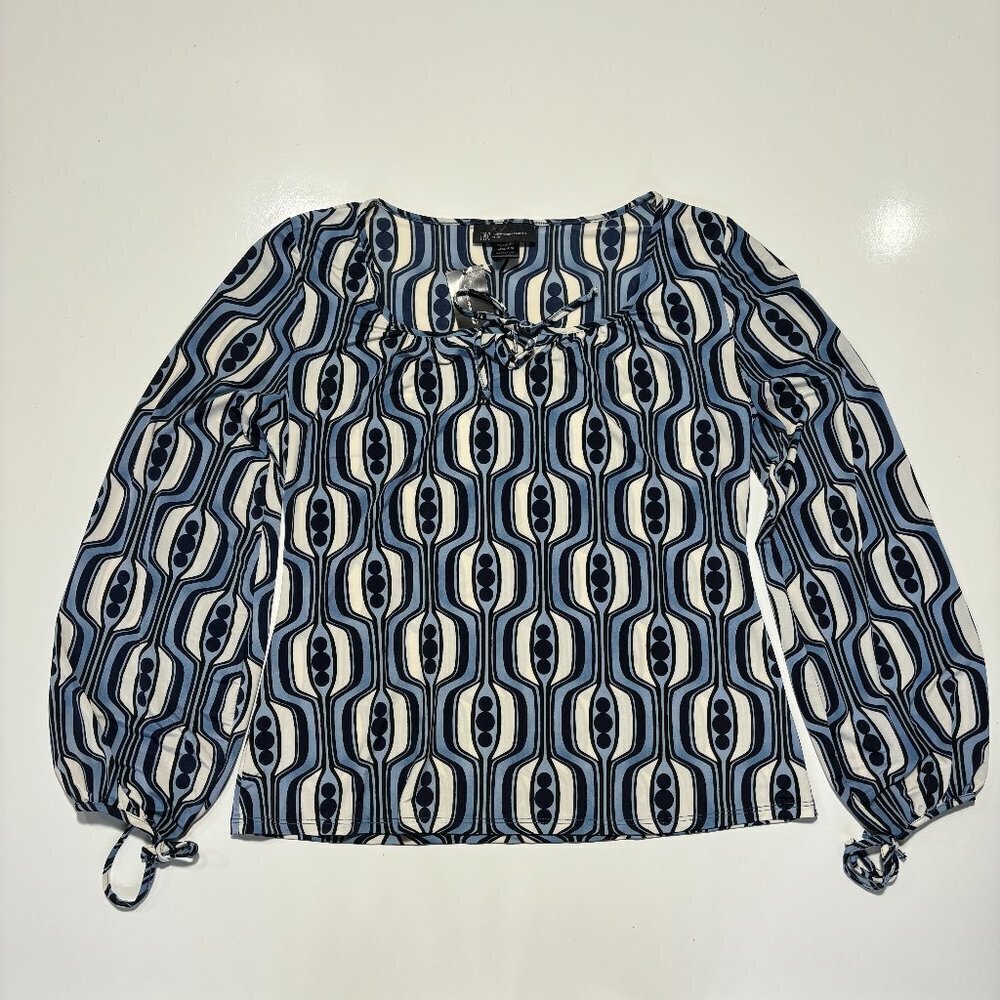 INC Intenational Concepts Mosaic Print Tie Front Long Sleeve Blouse Top Sz MP